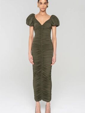 Ronny Kobo Lupine Midi Dress Ruched Bodycon Green size medium